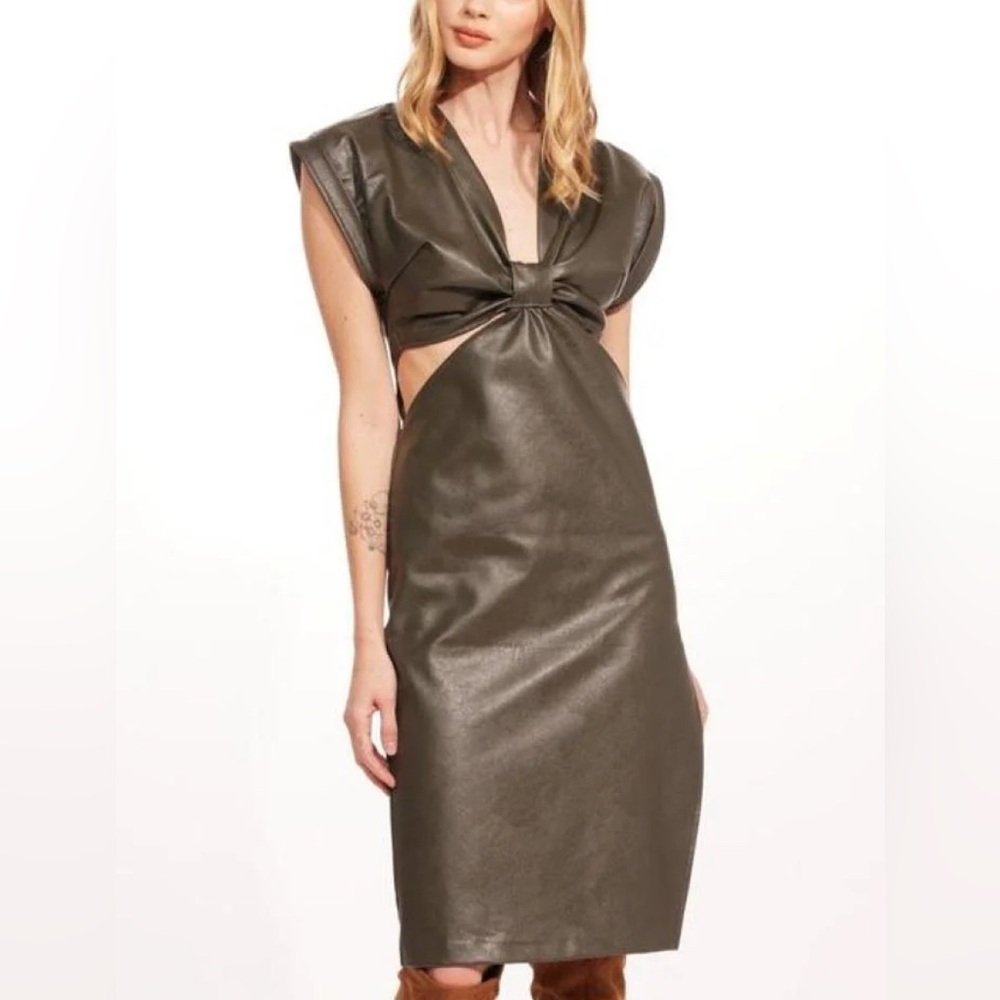 Anthropology Green Leather V-Neck Dress